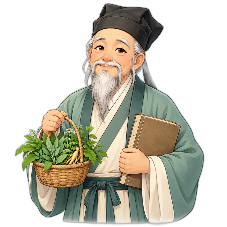卡通李時珍：拎住草藥籃同線裝書嘅明代老醫師